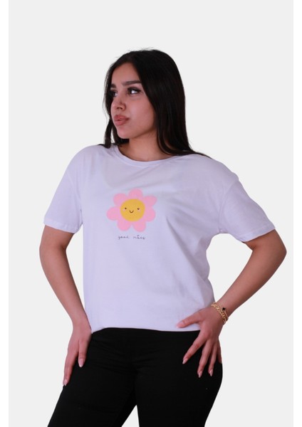 Good Vibes Baskı Beyaz Kadın T-Shirt