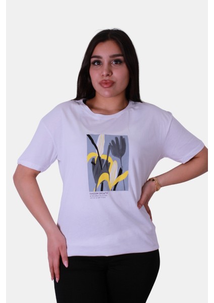 Çiçek Baskı Beyaz Kadın T-Shirt