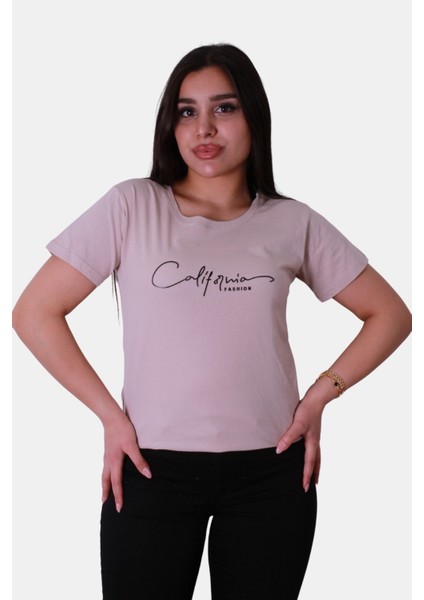 Relaxed Fit Bej Kadın T-Shirt Calıfornıa Baskı