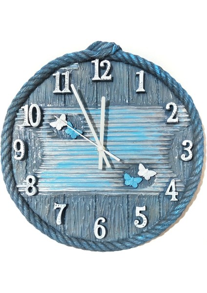 Mavi Ahşap Duvar Saati, 35x35 cm, İskandinav Tarz, Zarif ve Şık Tasarım