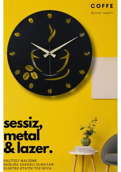 Modern siyah metal duvar saati, sessiz mekanizmalı, 40x40 cm, şık tasarım