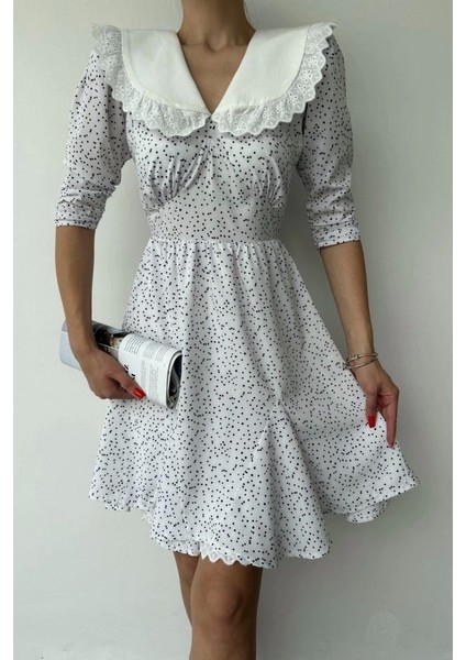 Beyaz Puantiyeli Önlük Yaka Elbise modelleri