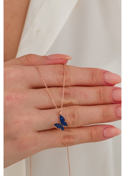 925 Ayar Gümüş Minik Kelebek Lacivert Taşlı Kolye Rose modelleri
