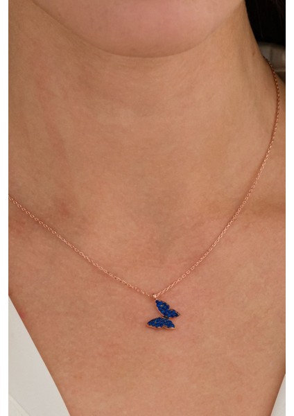 925 Ayar Gümüş Minik Kelebek Lacivert Taşlı Kolye Rose fırsatları