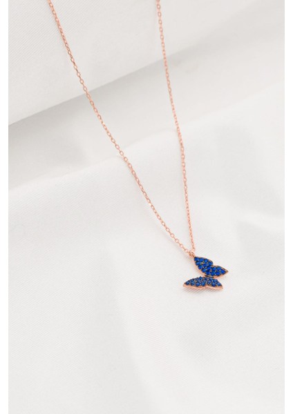 925 Ayar Gümüş Minik Kelebek Lacivert Taşlı Kolye Rose indirimleri