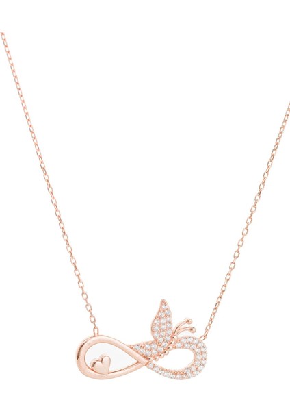 Kadın 925 Ayar Gümüş Kalp ve Kelebek Detaylı Sonsuzluk Rose Kolye fiyatları