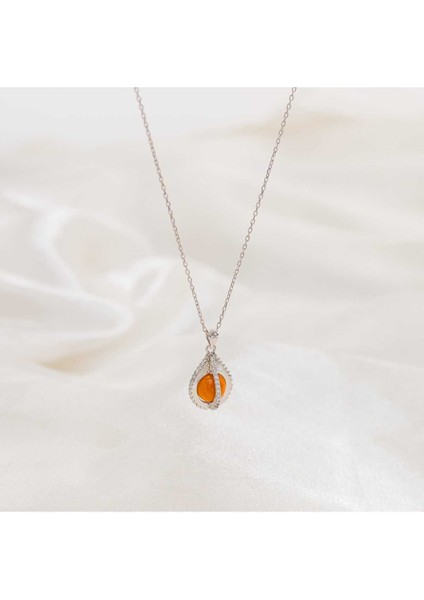 Turuncu Taşlı Damla Kolye 925 Ayar Gümüş