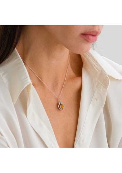 Turuncu Taşlı Damla Kolye 925 Ayar Gümüş fiyatları