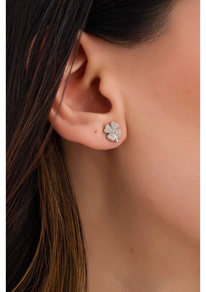 925 Ayar Gümüş Beyaz Taşlı Yonca Kadın Küpe