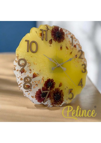 Epoksi Reçine Duvar Saati - Peygamber Çiçeği Sarı - Çapı: 30 cm