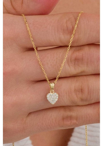 925 Ayar Gümüş Taş Işlemeli Kadın Kalp Kolye