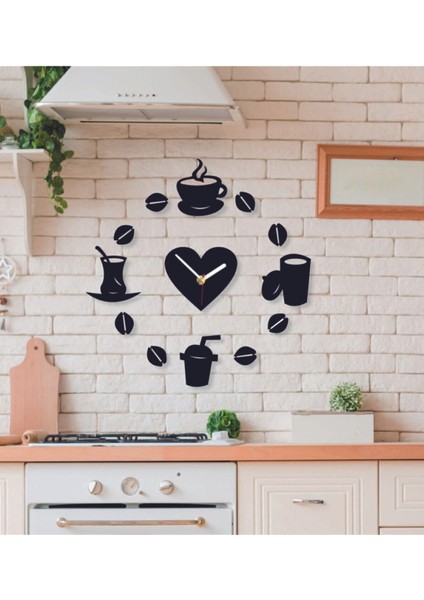 Modern yuvarlak kalpli duvar saati, 60x60 cm, siyah, 12 aksesuar, şık dekorasyon.