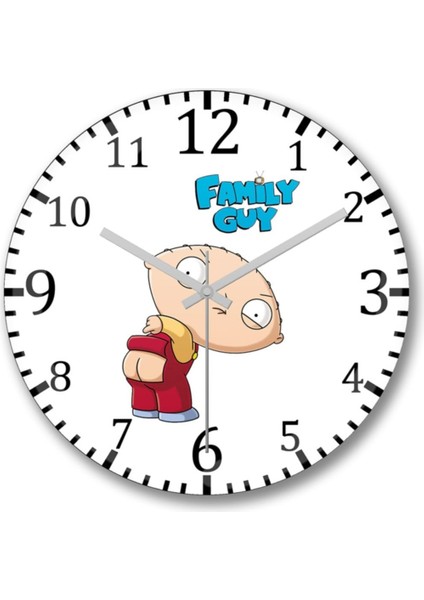 Modern tasarımlı, 30x30 cm, beyaz, Stewie temalı duvar saati, şık ve işlevsel kullanım.