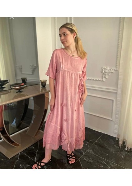 Kadın Pudra Pembe Antik Dokulu Organik Pamuk Otantik Kısa Kollu Uzun Elbise