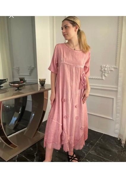 Kadın Pudra Pembe Antik Dokulu Organik Pamuk Otantik Kısa Kollu Uzun Elbise fiyatları