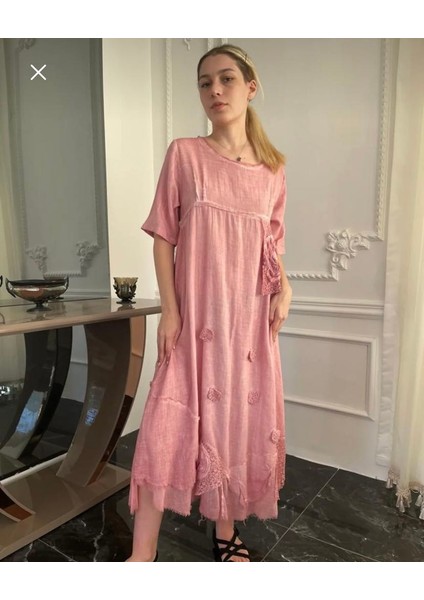 Kadın Pudra Pembe Antik Dokulu Organik Pamuk Otantik Kısa Kollu Uzun Elbise modelleri