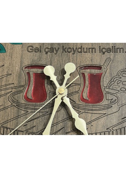 Ahşap Desen Duvar Saati - Gel Çay Koydum - Epoksi Reçine Kaplamalı - 40 cm