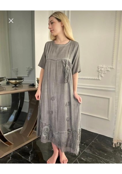 Kadın Gri Antik Dokulu Organik Pamuk Otantik Kısa Kollu Uzun Elbise
