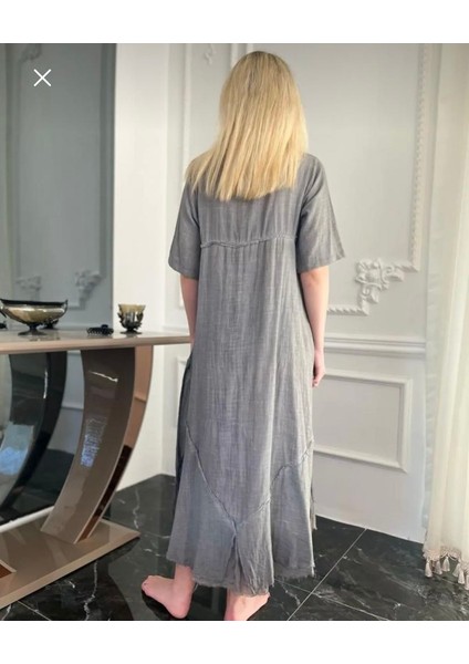 Kadın Gri Antik Dokulu Organik Pamuk Otantik Kısa Kollu Uzun Elbise modelleri