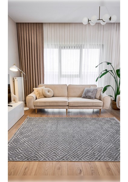 Halı Anemon 6814 Gri Yumuşak Dokulu Iskandinav Motifli Kaymaz Yıkanabilir Modern Halı