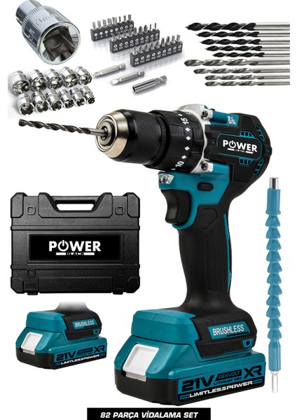 21 V Kömürsüz (Fırçasız Motor) Darbeli Çelik Mandren Çelik Şanzıman Şarjlı Matkap Mavi