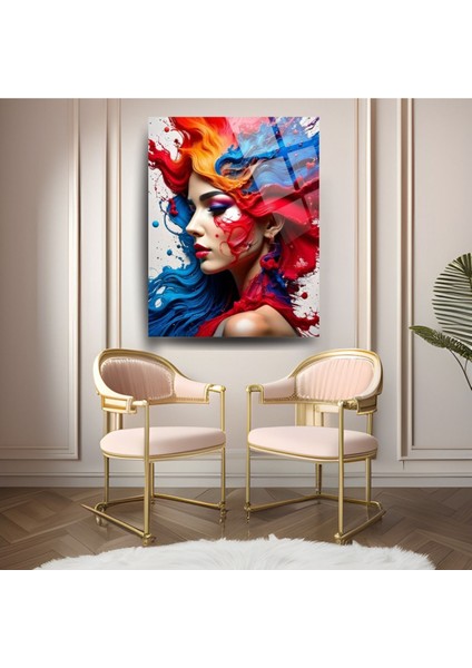 Renkli Soyut Cam Tablo - Canlı Kadın Portresi - Kırmızı ve Mavi Modern Sanat fiyatları