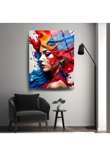 Renkli Soyut Cam Tablo - Canlı Kadın Portresi - Kırmızı ve Mavi Modern Sanat modelleri