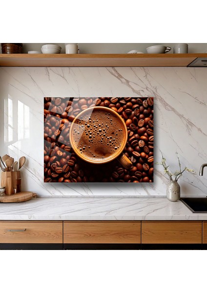 Kahve Çekirdeği ve Fincanı Temalı Cam Tablo