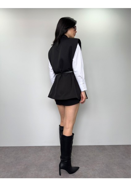 Siyah Vatkalı Kemerli Oversize Yelek