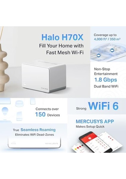 Halo H70X(2-PACK), AX1800MBPS, Dual-Band, Gigabit Portları, 150'YE Kadar Cihaz Bağlanabilir, 350 M²'ye Kadar Kapsama, Akıllı Bağlantı, Mobil Uygulama ile Kolay Kurulum, Wi-Fi 6 Mesh Sistemi