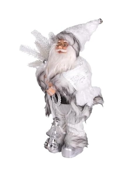 Yılbaşı Noel Baba Beyaz Hediye Çuvallı Fenerli Gümüş-Gri 30 cm .
