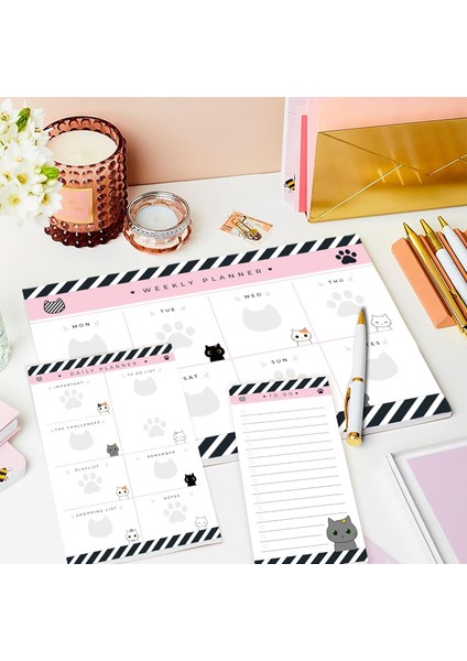 Haftalık, Günlük Planner Set - Masaüstü Planlayıcı - 50 Sayfa Tarihsiz Ders Programı, Iş Listesi, Buluşma Için To Do List - 3 Parça - Kedi Serisi