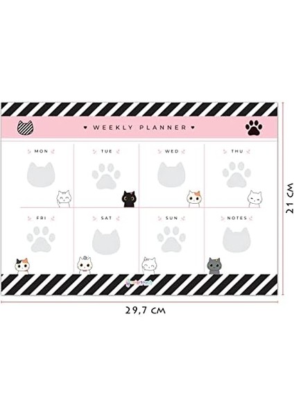 Haftalık, Günlük Planner Set - Masaüstü Planlayıcı - 50 Sayfa Tarihsiz Ders Programı, Iş Listesi, Buluşma Için To Do List - 3 Parça - Kedi Serisi