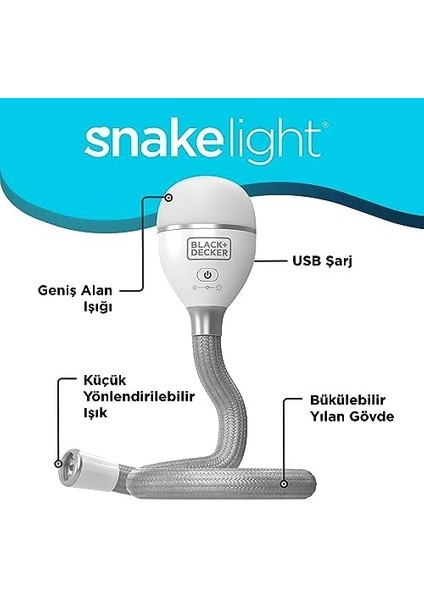 Snake Light 2 Ayar Kademeli Esnek ve Şarj Edilebilir Lamba, Yılan Işık