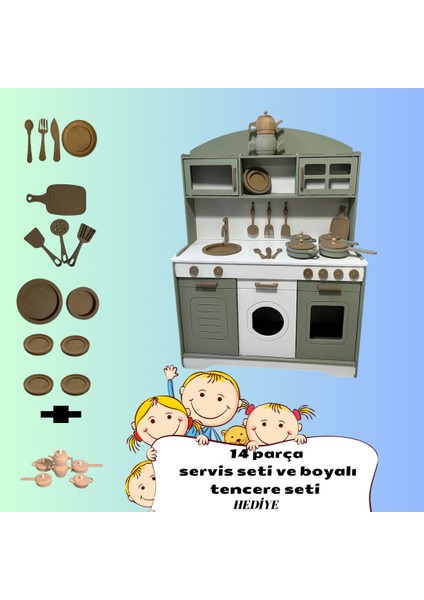 Özka Hobi Ahşap Boyalı Ahşap Mutfak Seti 14 Parça Servis Seti Hediyeli