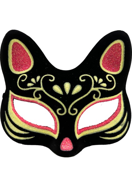 Siyah Renk Süet Kaplama Üzeri Kırmızı Sarı Simli Kedi Maskesi 17 x 14 cm GO506089GOSA4539