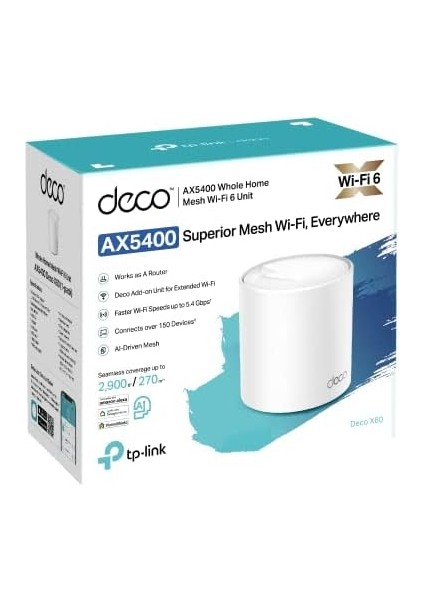Deco X60(1-PACK), AX5400 Mbps, 1 Ghz Dört Çekirdekli Cpu, Wpa3, Ofdma ve Mu-Mımo, 150 Cihaza Kadar Bağlantı, 270 M²'ye Kadar Kapsama, Mobil Uygulama ile Kolay Kurulum, Wi-Fi 6 Mesh Sistemi