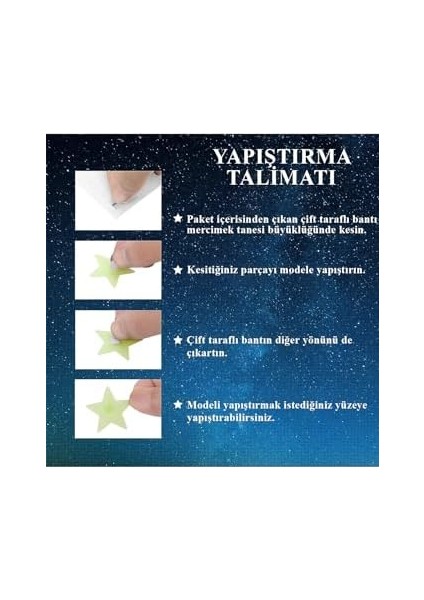 Sticker Karanlıkta Parlayan Fosforlu Ay ve Yıldız Tasarımlı Dekoratif (200 Adet Yıldız)