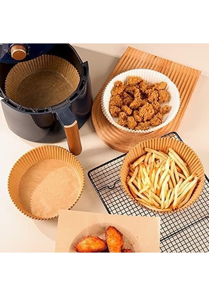 Airfryer Pişirme Kağıdı 50 Adet Yuvarlak Fırın Tepsisi Yanmaz Yapışmaz Gıda Parşömeni Sıcak Hava Fritözü Aksesuarı
