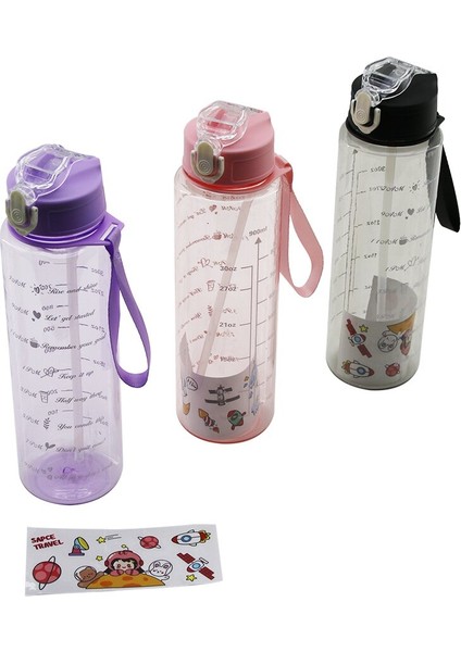 Şeffaf - Renkli - Pipetli Suluk Matara Plastik 1lt Kilitli Kapaklı - Ölçekli - Taşıma Ipli GO5060GOK222817