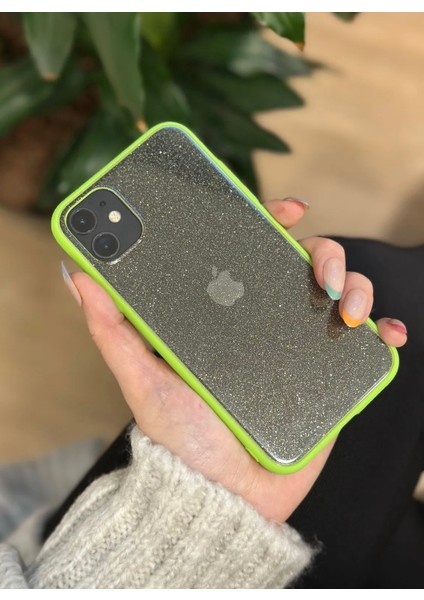 iPhone 11 Şeffaf Simli Yeşil Kenar Detaylı Silikon Kılıf
