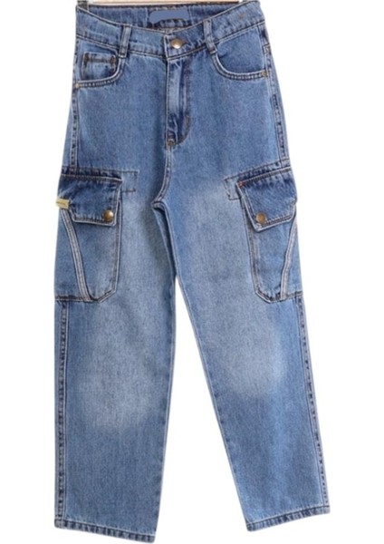 Erkek Çocuk Bagi Model Çift Kargo Cepli Mavi Kot Pantolon