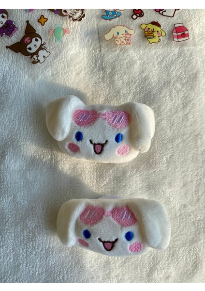 Sanrio Kuromi Cinnamaroll Figürlü Peluş Dokulu Beyaz Pensli Kız Çocuk Yan Toka Ikili(Sticker Hediye)