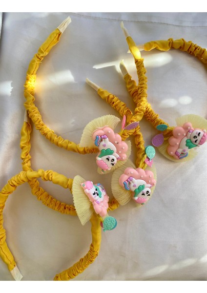 Kız Çocuk Unicorn Desenli Tül Detaylı Kumaş Kaplama Sarı Renk Taç modelleri