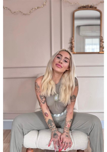 Haki Avocado Verde Desenli Örme Sıfır Kol Kadın Pijama Takımı
