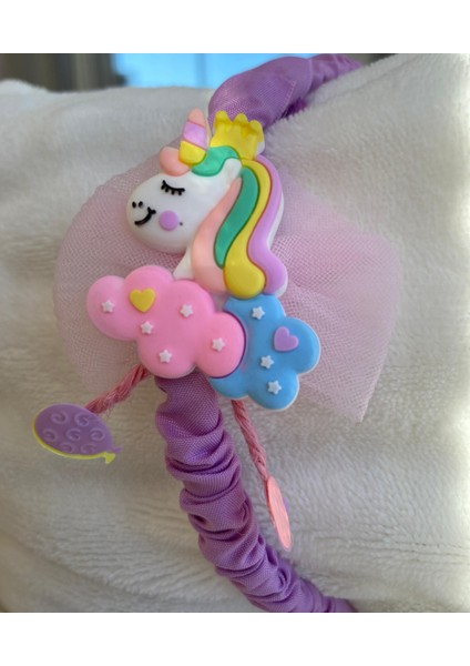 Kız Çocuk Unicorn Desenli Tül Detaylı Kumaş Kaplama Mor Renk Taç (Sticker Hediyeli)