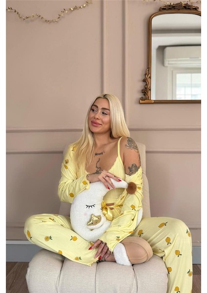 Sarı Citrus Charm Desenli Sabahlıklı Marlenka Pijama Takımı
