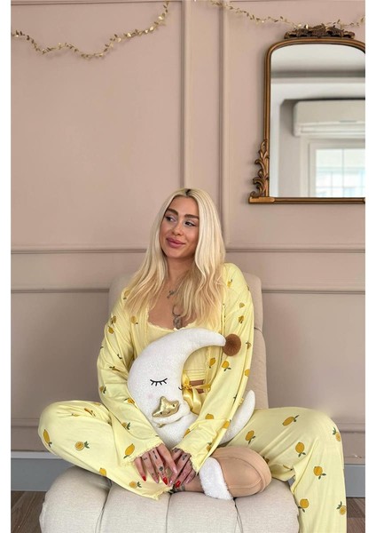 Sarı Citrus Charm Desenli Sabahlıklı Marlenka Pijama Takımı