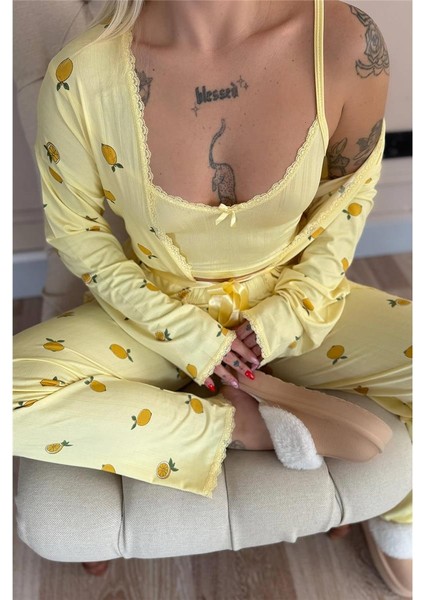 Sarı Citrus Charm Desenli Sabahlıklı Marlenka Pijama Takımı