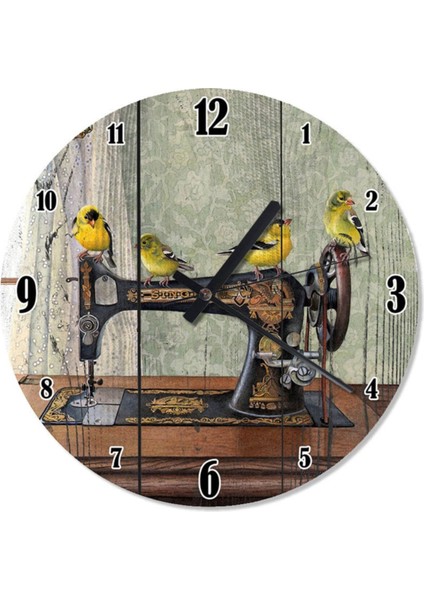 30 cm çapında yuvarlak duvar saati, beyaz renk, serçeler ve dikiş makinesi desenli